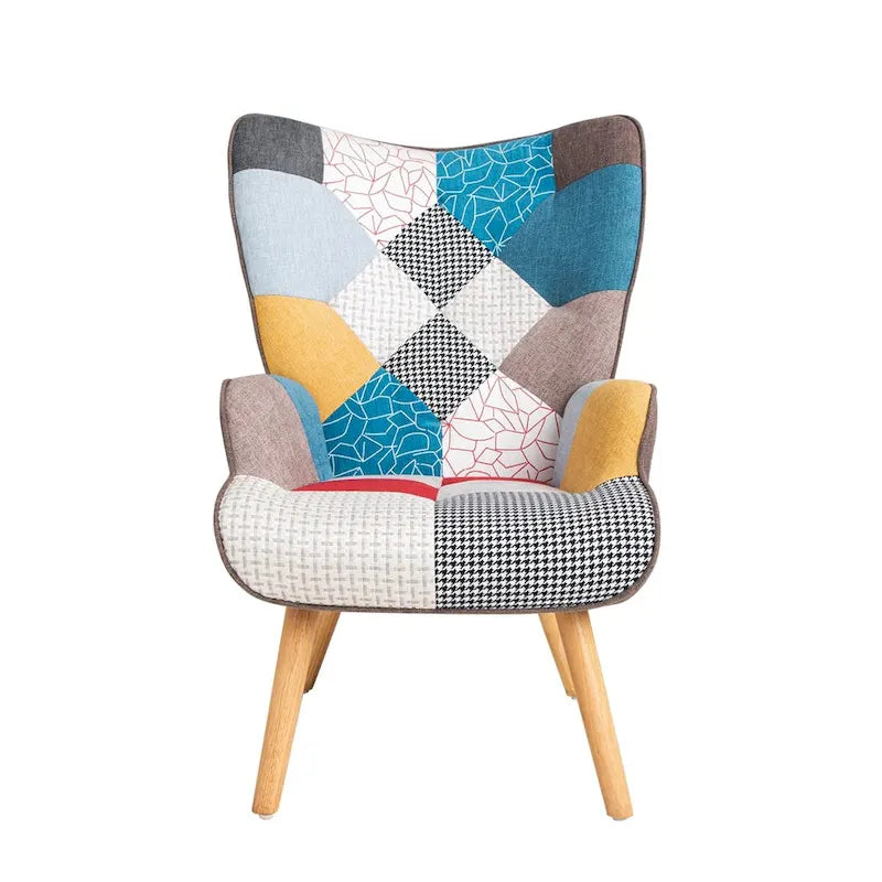 Poltrona d'accento con pouf, set di poltrona e pouf per il soggiorno, comoda poltroncina con braccioli per la camera da letto, rivestimento in tessuto a拼接 creativo