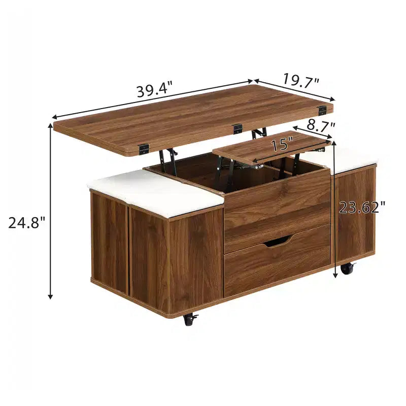 Multifunctionele moderne salontafel met hefbaar blad en verborgen opbergruimte, 4 krukken en zwenkwielen, perfect voor moderne woonruimtes