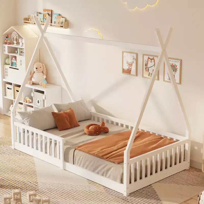 Letto a pavimento per bambini, letti a tenda singoli, letto Montessori a pavimento con doghe e sponde, struttura letto a casetta in legno per bambini e bambine