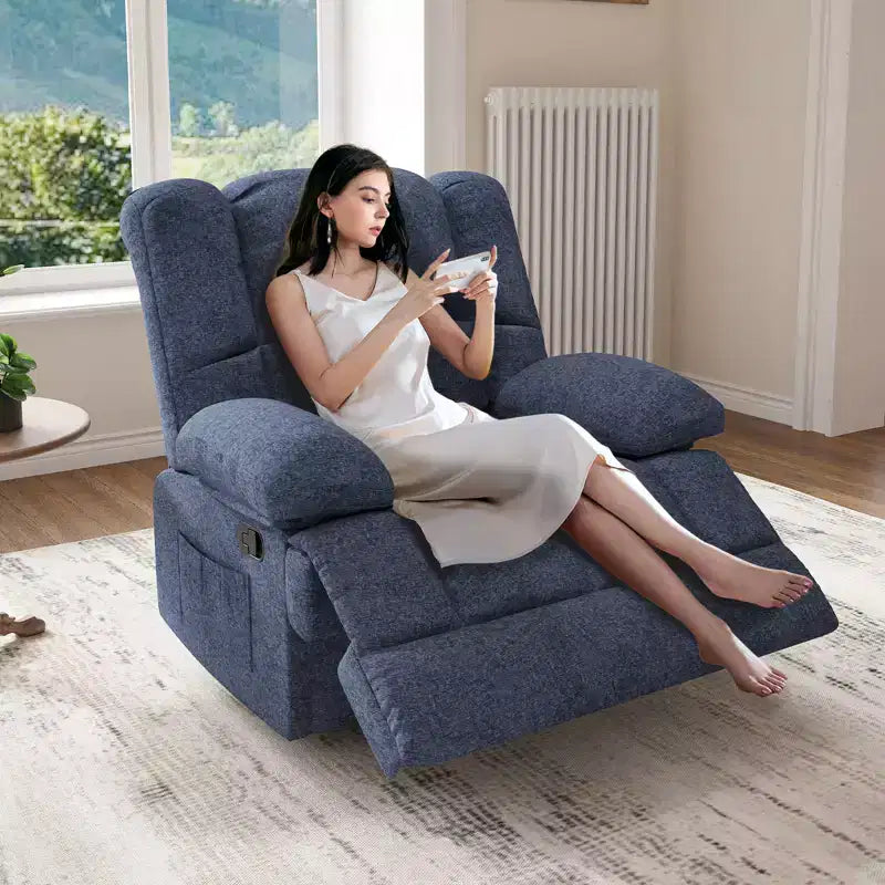 Blauwe extra grote relaxfauteuil met schommelmechanisme en chenillebekleding