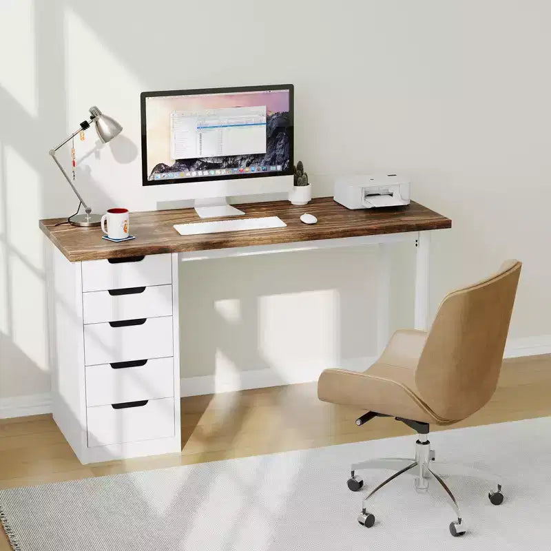 47-Zoll-Computertisch mit 5 Stauraumschubladen, umkehrbarer moderner Schreibtisch im rustikalen Stil für Lernen und Schreiben, Homeoffice-Arbeitsplatz für kleine Räume