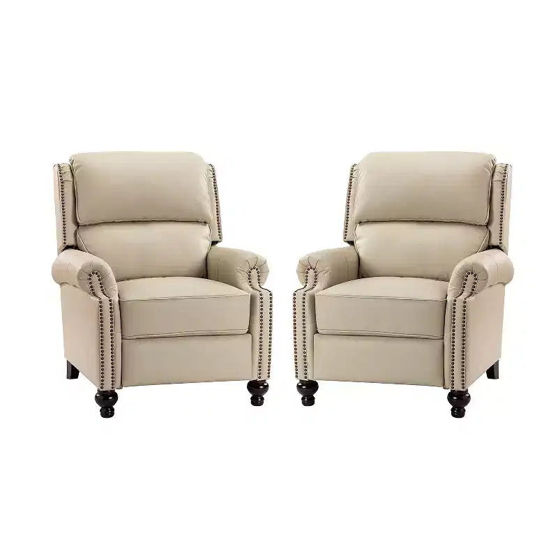 Set di 2 poltrone reclinabili moderne Elisabete con schienale ad ali in vera pelle e borchie decorative vintage per soggiorno e camera da letto| ART OF LIVING DESIGNS