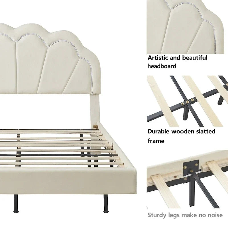 Set da camera da letto in 2 pezzi, letto a piattaforma matrimoniale LED con pouf contenitore
