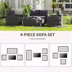 Ensemble de canapé en rotin de 4 pièces, salon de jardin en résine tressée avec causeuse, fauteuils et table basse avec plateau en verre pour l’extérieur