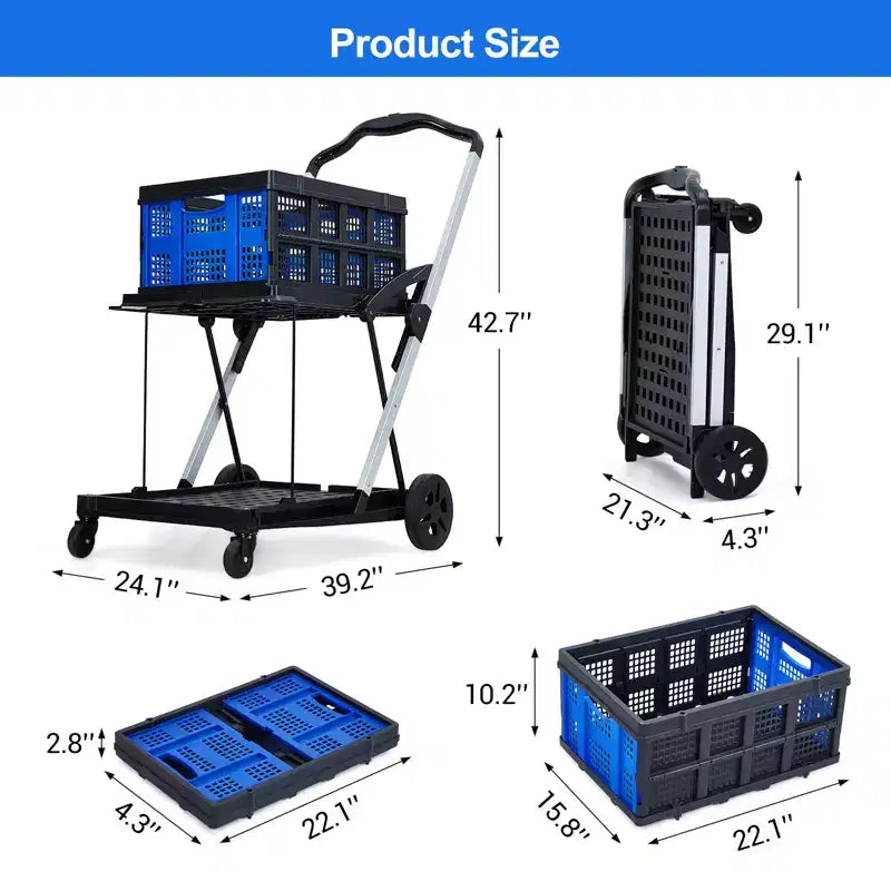 Carrelli pieghevoli per la spesa a 2 livelli, portata di 198 libbre, carrello portaspesa pieghevole e portatile con ruote e cassa rimovibile per centro commerciale e mercato, blu