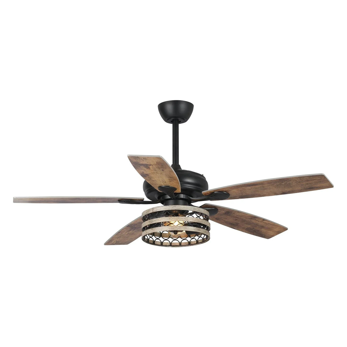 52 Deckenventilator im Landhausstil mit Treibholzoptik, 5 schwarzen Flügeln, Käfigdesign und Fernbedienung