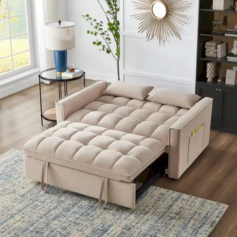 Divano letto loveseat 4 in 1 con braccioli e tasche portaoggetti, divano letto estraibile trapuntato multifunzione con schienale regolabile