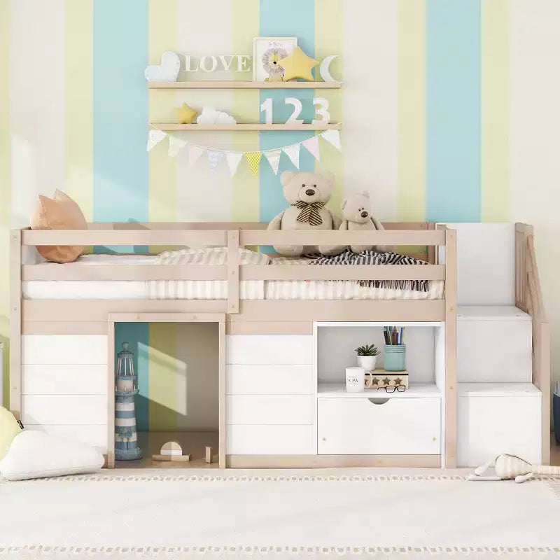 Letto rialzato basso singolo in legno massello da 94,6 L x 42,3 L, con scala, cassetto e ripiano, design moderno e pulito
