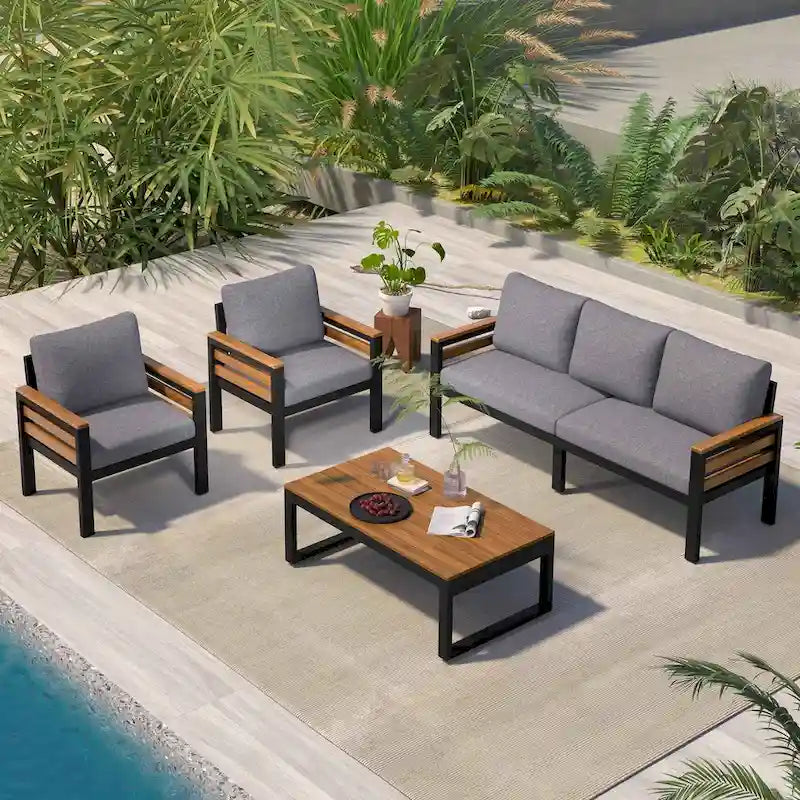 4-teiliges Gartensofaset für 5 Personen mit Couchtisch aus Massivholz und abnehmbaren Kissen