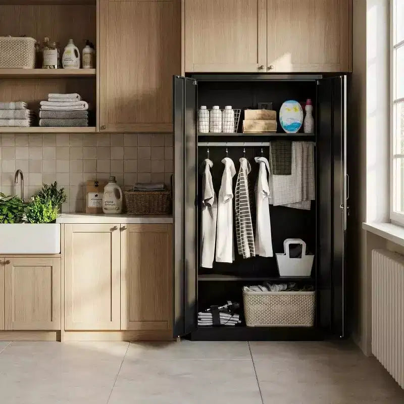 183 cm hoher Kleiderschrank mit Schloss, schwarze Metall-Garageschränke mit verstellbaren Regalböden und Kleiderstange, Metallschrank zur Aufbewahrung für Zuhause und Schlafzimmer