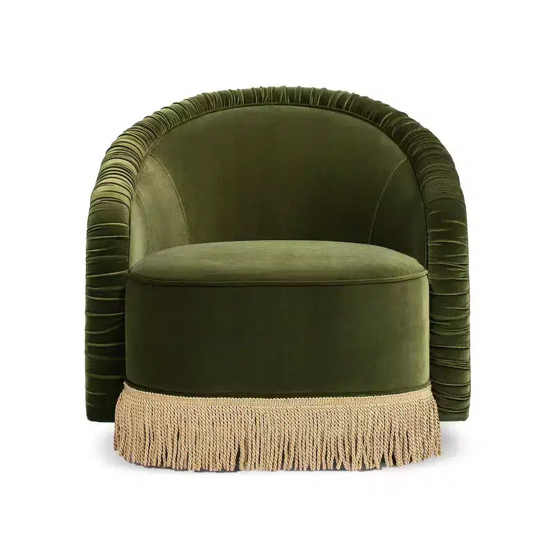 Poltrona decorativa Serena di Jennifer Taylor Home, con schienale a botte arricciato da 31,5", frangia a passamaneria e velluto performante verde oliva