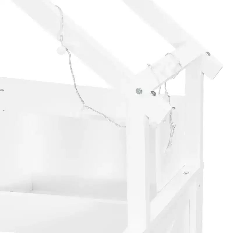 Estructura de cama tipo casita de tamaño completo con cajones, cama plataforma tipo casita con luces LED, estantes y cajones de almacenamiento, diván de madera con techo y barandilla