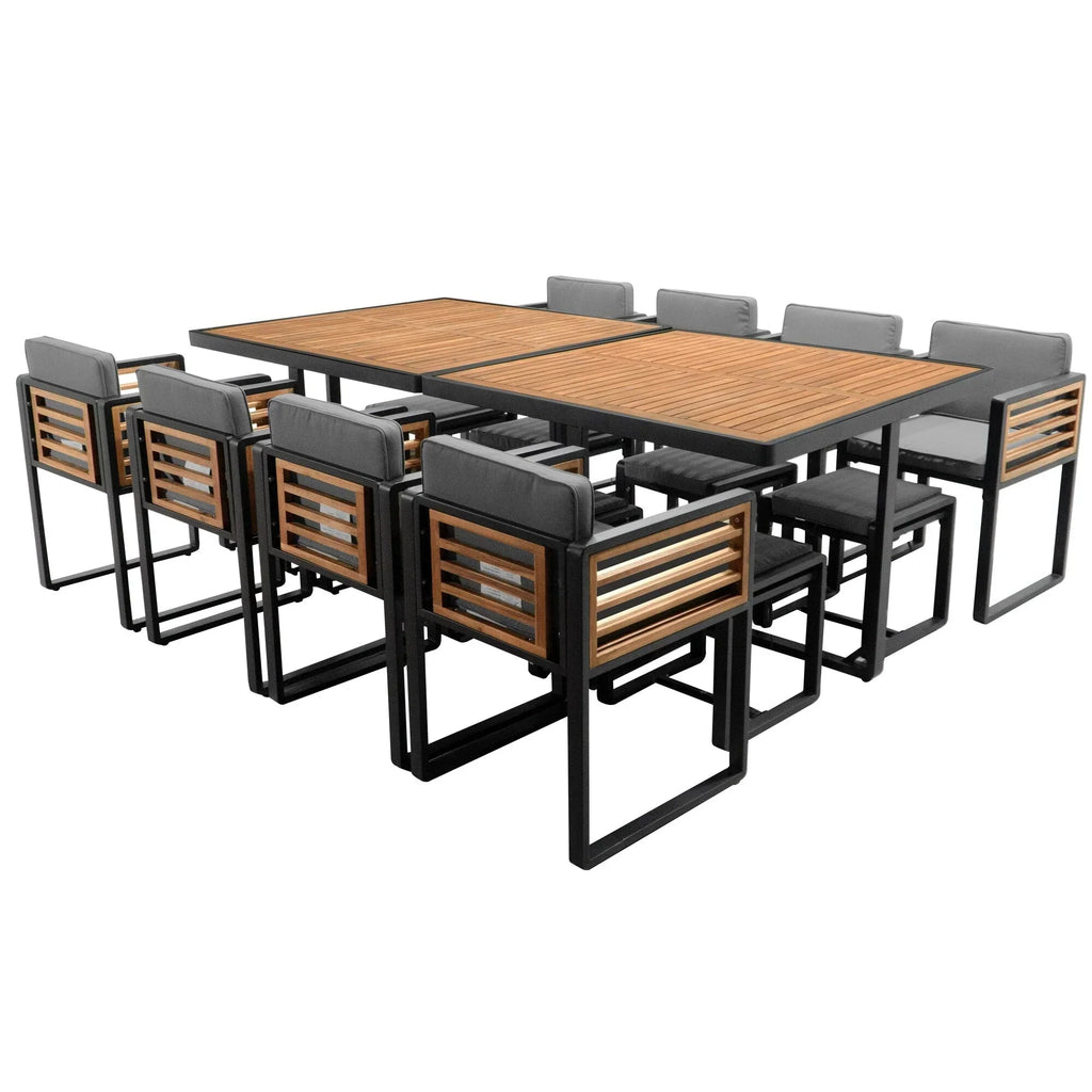 Juego de comedor de patio de 18 piezas de madera de acacia, con 8 sillas acolchadas, 8 otomanas y 2 mesas cuadradas