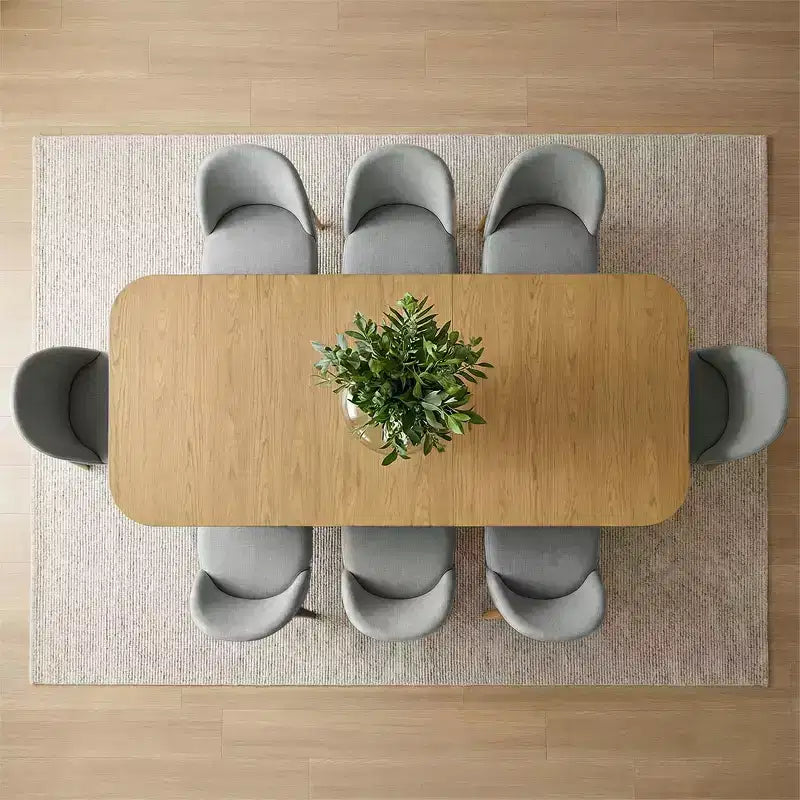 Set da pranzo composto da 9 pezzi per 8 persone, tavolo allungabile con base a cavalletto e sedie imbottite con gambe in legno massello-Panipeachy