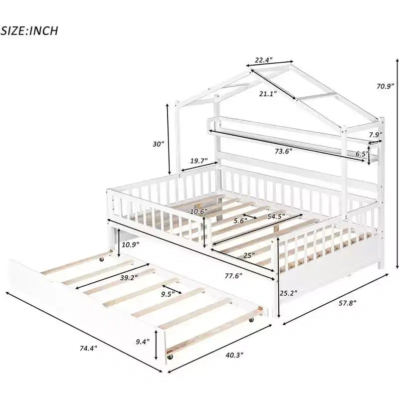 Struttura letto a casetta Acekool matrimoniale con letto estraibile singolo, cassetti contenitore e ripiani, tetto e recinzione, letto a piattaforma per bambini, bianco