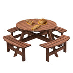 Conjunto de comedor de picnic redondo para patio exterior, de madera de abeto, para 8 personas, con 4 bancos integrados y orificio para sombrilla