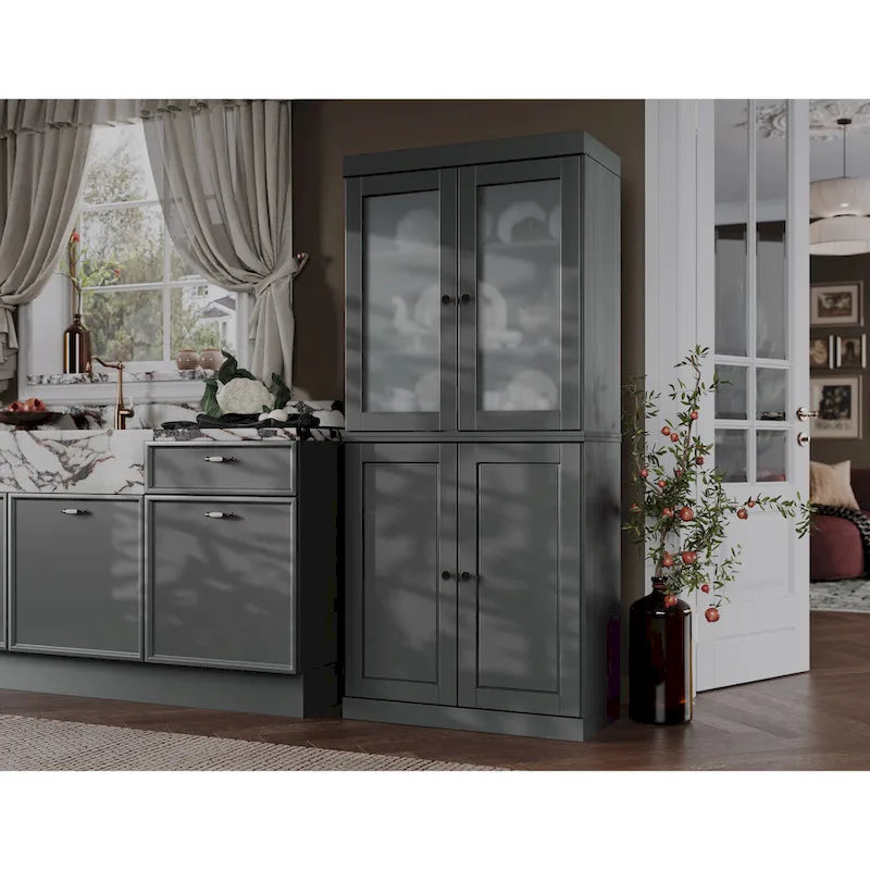 Armario despensa 100 % de madera maciza con puertas de vidrio esmerilado, puertas sólidas, 2 cajones y estantes ajustables