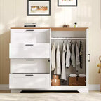 Armario ropero de madera de 43,3 pulgadas de alto con 4 cajones y barra para colgar, gabinete multifuncional de almacenamiento de ropa para dormitorio con cómoda