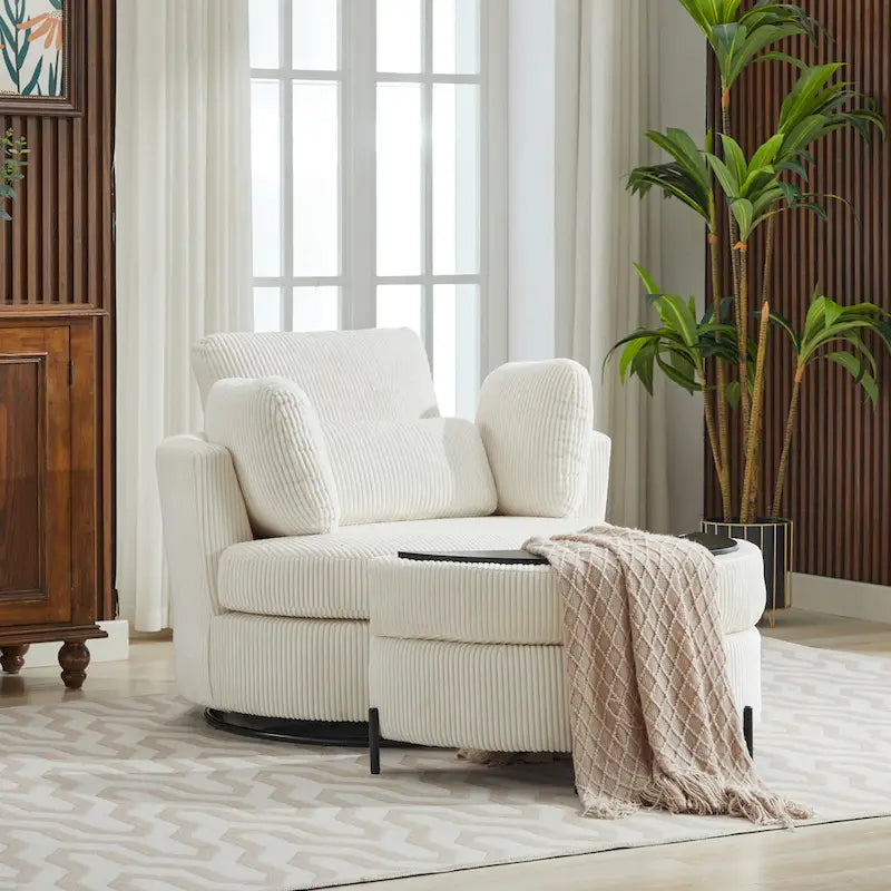 Sillón decorativo giratorio tapizado de 42.3W con 4 cojines y otomana de almacenamiento en forma de media luna