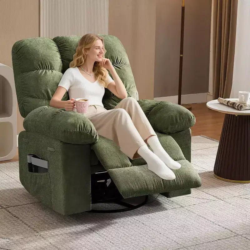 Massagestoel met warmtefunctie - 360° draaibare schommelstoel, extra brede eenpersoonsbank met vibratie, USB en opbergvakken voor woonkamer/slaapkamer