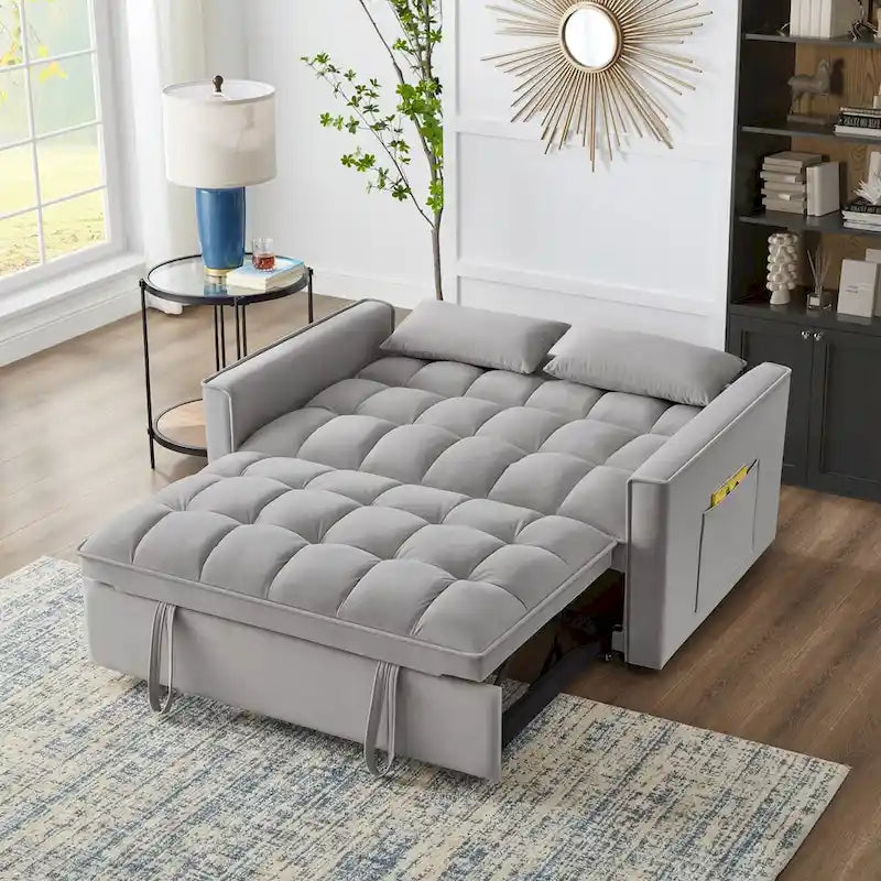 Divano letto loveseat 4 in 1 con braccioli e tasche portaoggetti, divano letto estraibile trapuntato multifunzione con schienale regolabile