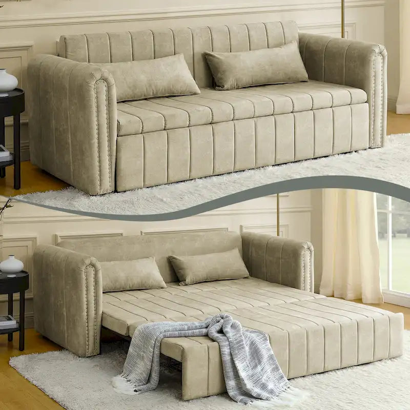 Aksamitna tapicerowana nowoczesna sofa wypoczynkowa z funkcją spania, rozkładana, z podłokietnikami w kształcie wałków i ozdobiona miedzianymi ćwiekami