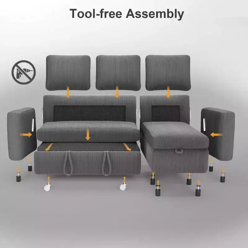 Sofá cama extraíble 2 en 1 Dyonery con chaise longue con almacenamiento, sofá seccional de pana C con puertos USB para sala de estar