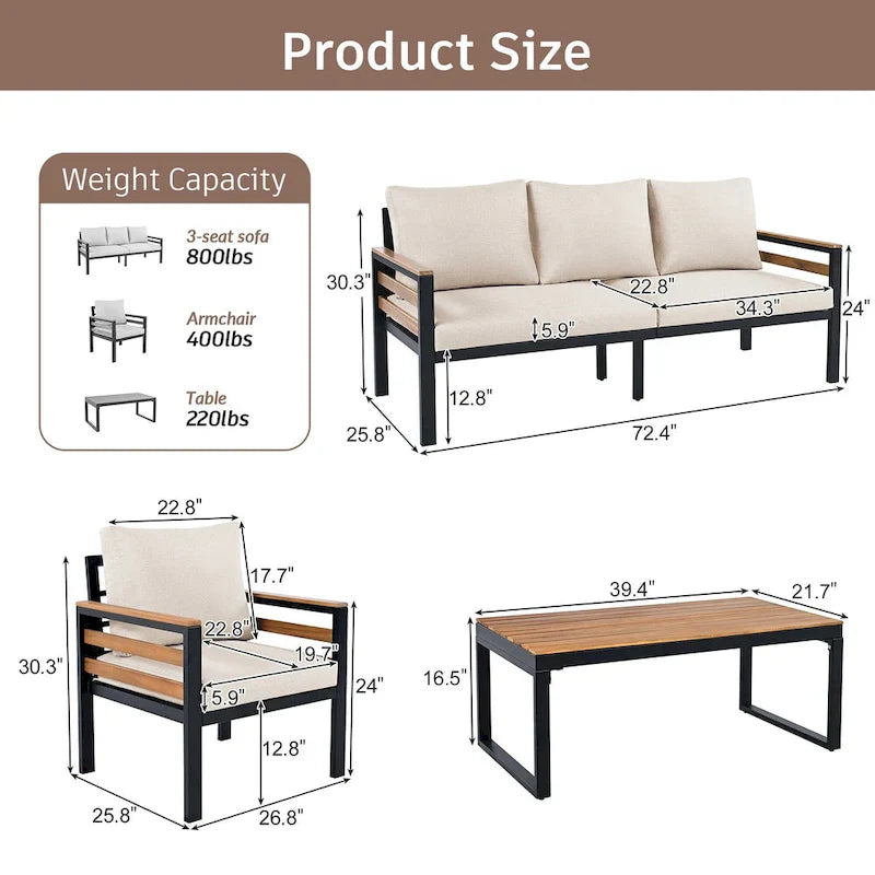 4-teiliges Gartensofaset für 5 Personen mit Couchtisch aus Massivholz und abnehmbaren Kissen