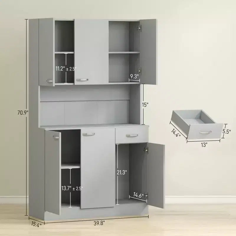 Armario despensa de cocina 71, armario alto de almacenamiento con soporte para microondas, alacena de cocina moderna, 3 estantes ajustables para sala de estar y comedor