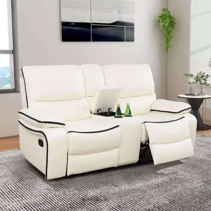 MAYEERTY elektrischer Relaxsessel als Zweiersofa, elektrischer Zweisitzer aus atmungsaktivem Leder mit Stauraum und Getränkehaltern für das Wohnzimmer, Weiß