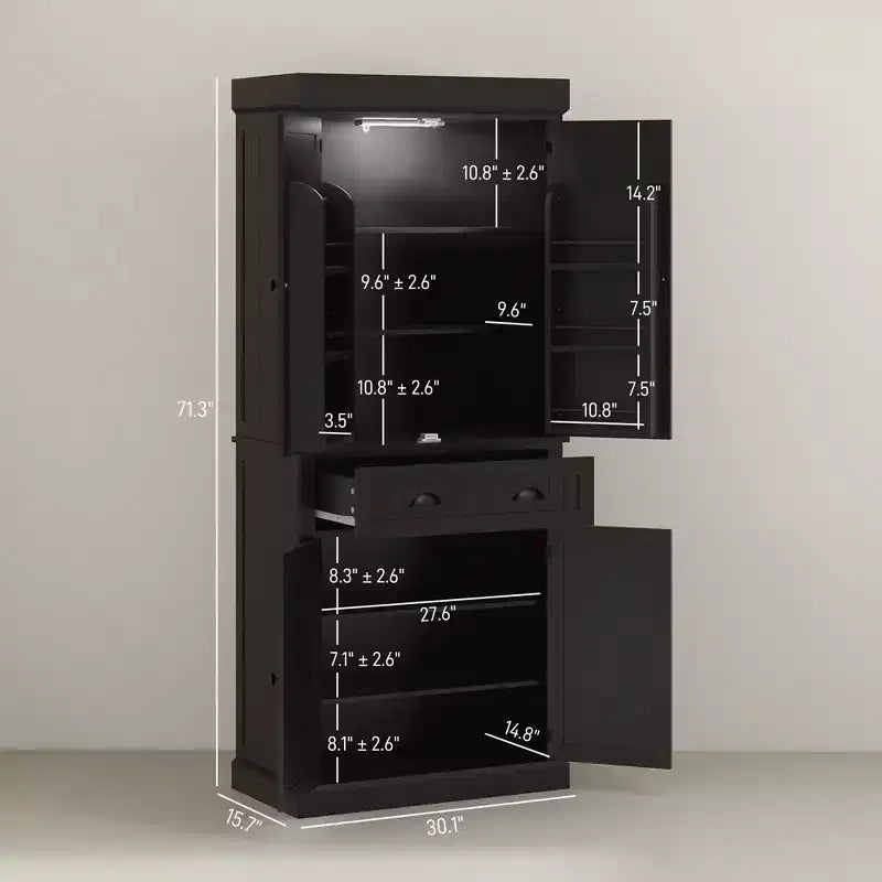Credenza dispensa da cucina da 71 con luci LED, 6 ripiani sulle ante, un cassetto e 4 ripiani regolabili