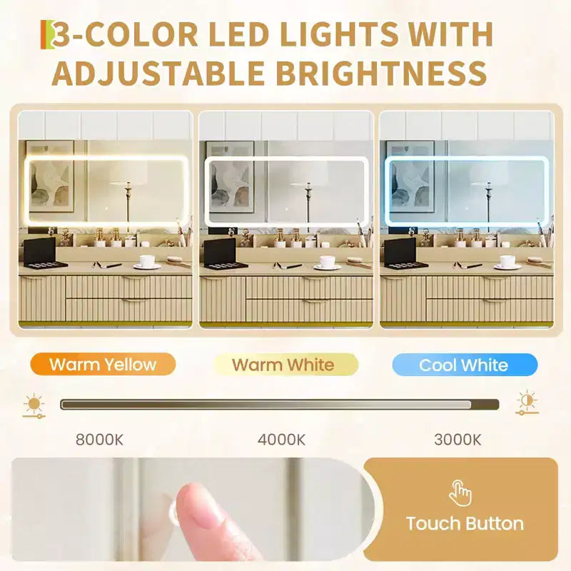 Escritorio tocador con espejo y luces, diseño con espejo iluminado por LED y amplios cajones para organizar cosméticos y artículos de tocador