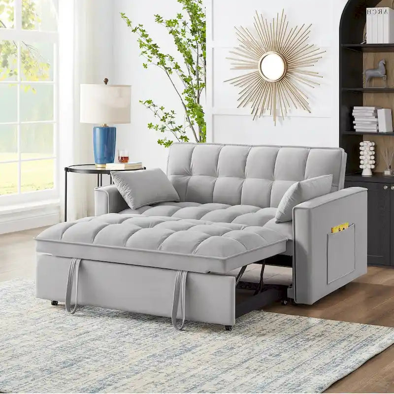 Divano letto loveseat 4 in 1 con braccioli e tasche portaoggetti, divano letto estraibile trapuntato multifunzione con schienale regolabile
