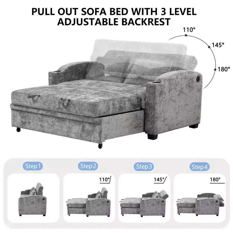61.6 modernes wandelbares Chenille-Schlafsofa mit USB-Anschlüssen, Getränkehaltern und verstellbarer Rückenlehne für Wohnzimmer und Wohnung