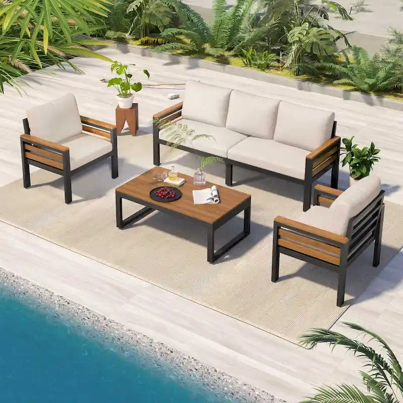 4-teiliges Gartensofaset für 5 Personen mit Couchtisch aus Massivholz und abnehmbaren Kissen