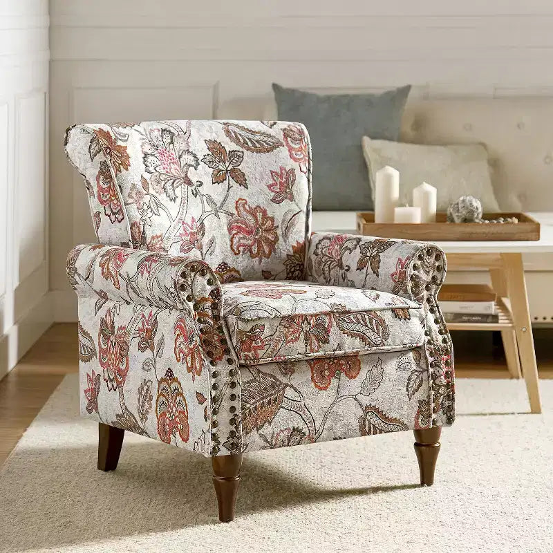 Araceli traditionele houten bloemenfauteuil met bekleding, hoge rugleuning en sierspijkerrand| ART OF LIVING DESIGNS