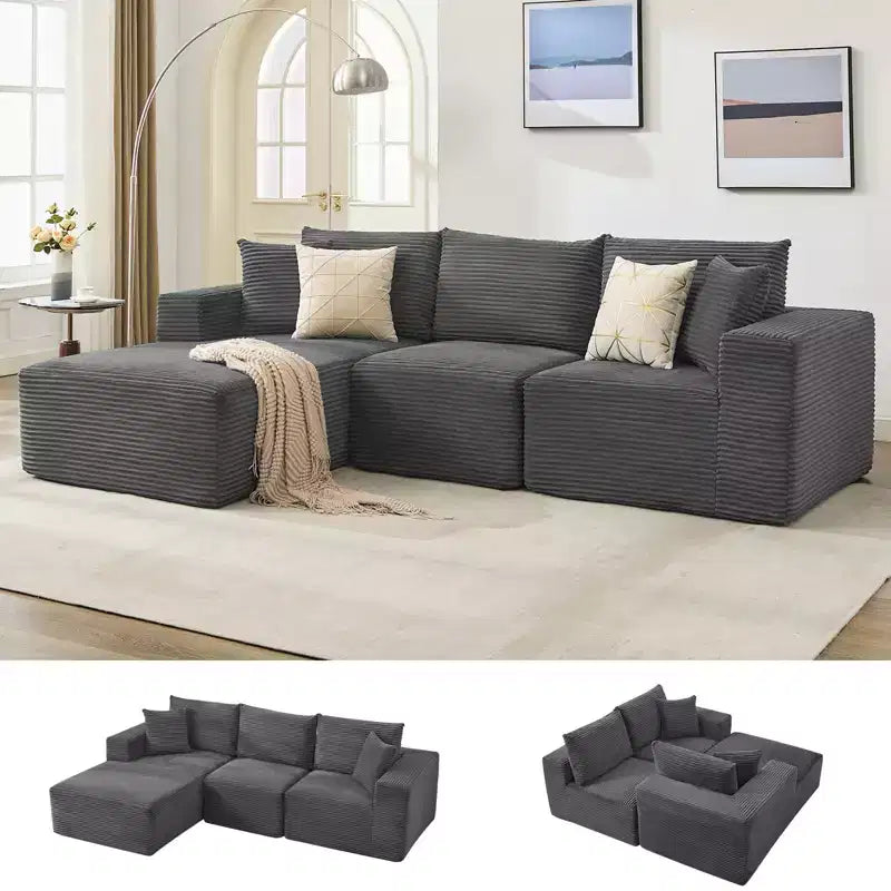 Sofá moderno 108, sofá tapizado de 3 plazas en forma de L con cojines, asiento profundo, no requiere montaje