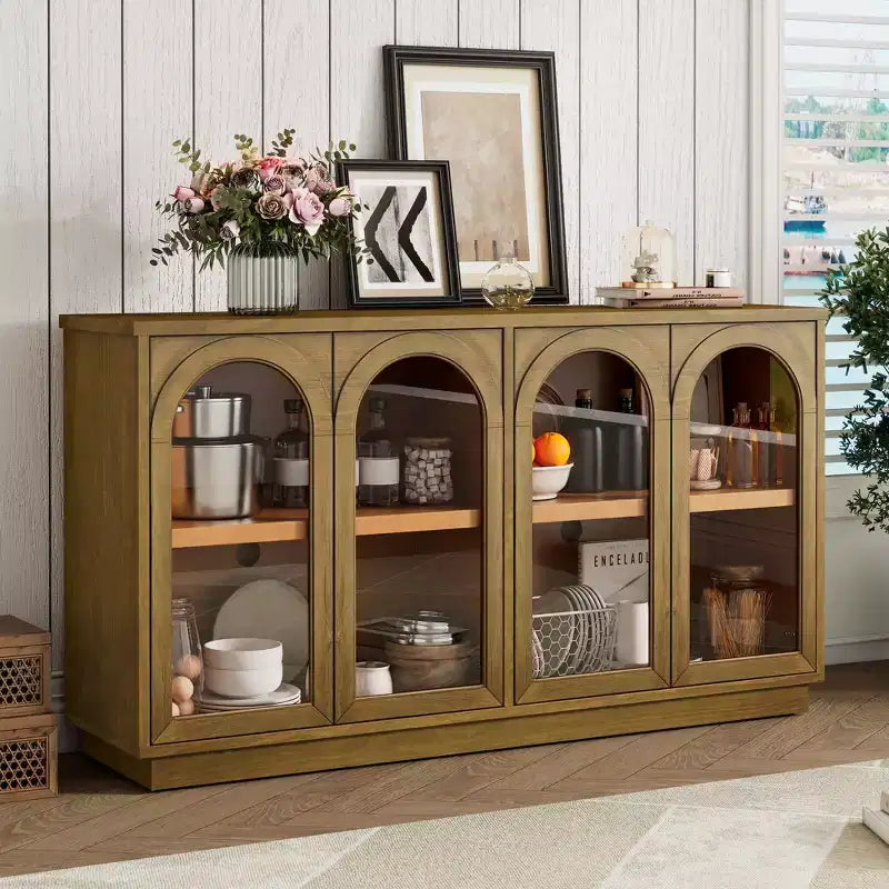 Großes Buffet-Sideboard mit 4 Türen und Glastüren, gewölbter Schrank mit verstellbaren Einlegeböden für die Küche