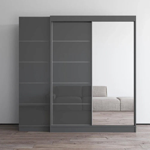 Armadio a 2 ante con specchio, frontale in vetro, per 2 persone (grigio / nero / bianco)