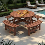 Conjunto de comedor de picnic redondo para patio exterior, de madera de abeto, para 8 personas, con 4 bancos integrados y orificio para sombrilla