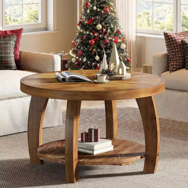 Table basse ronde Lantine en bois massif, table centrale à 2 niveaux avec rangement, plateau de 31,5 pouces à motif mosaïque, montage facile, pour le salon, marron