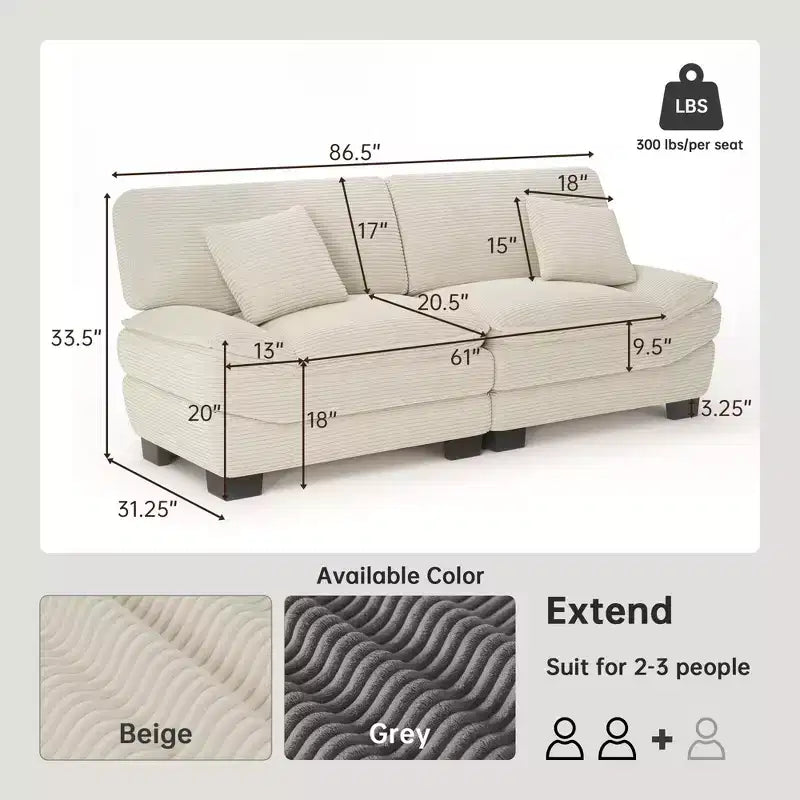Sofá de pana beige de 87 pulgadas con 2 cojines, sofá de asiento profundo con forma de velero para sala de estar, espacios pequeños, oficina o apartamento - Morden Fort