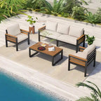 4-teiliges Gartensofaset für 5 Personen mit Couchtisch aus Massivholz und abnehmbaren Kissen