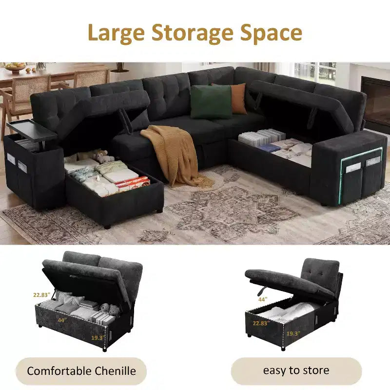 Divano componibile letto modulare Dyonery 112 con letto estraibile, divano componibile a U con contenitore, sedute extra larghe e profonde per il soggiorno