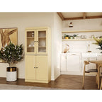Armario despensa 100 % de madera maciza con puertas de vidrio esmerilado, puertas sólidas, 2 cajones y estantes ajustables