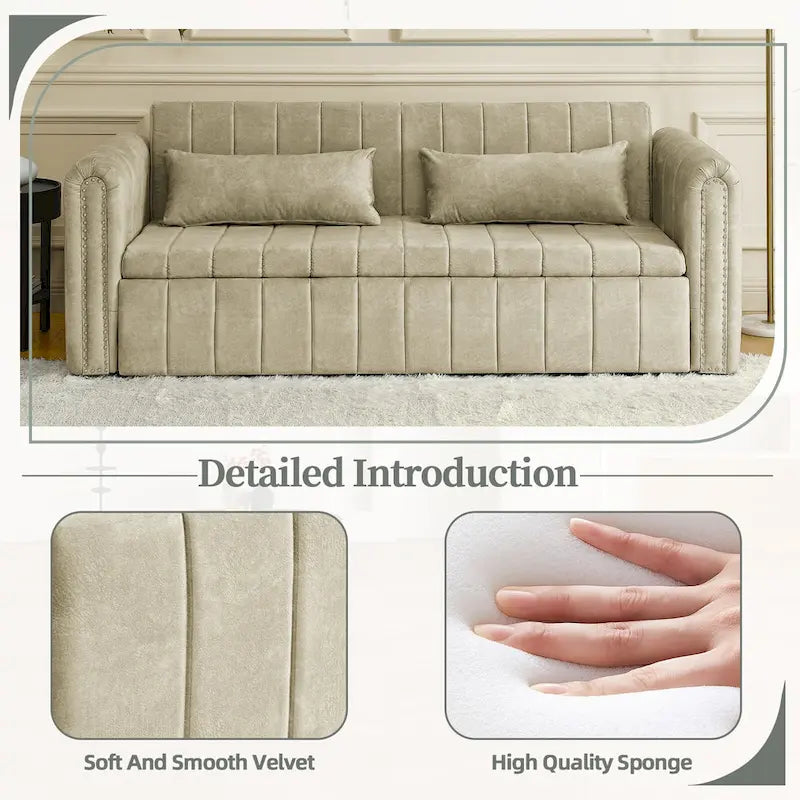 Divano letto lounge moderno trasformabile in velluto imbottito, con braccioli arrotolati decorati con borchie color rame