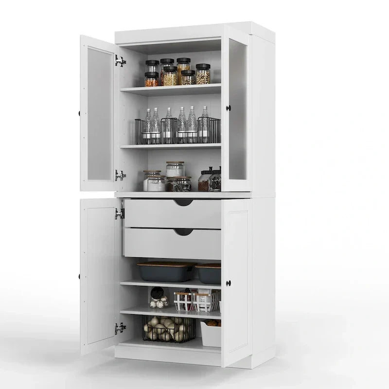 Armario despensa 100 % de madera maciza con puertas de vidrio esmerilado, puertas sólidas, 2 cajones y estantes ajustables