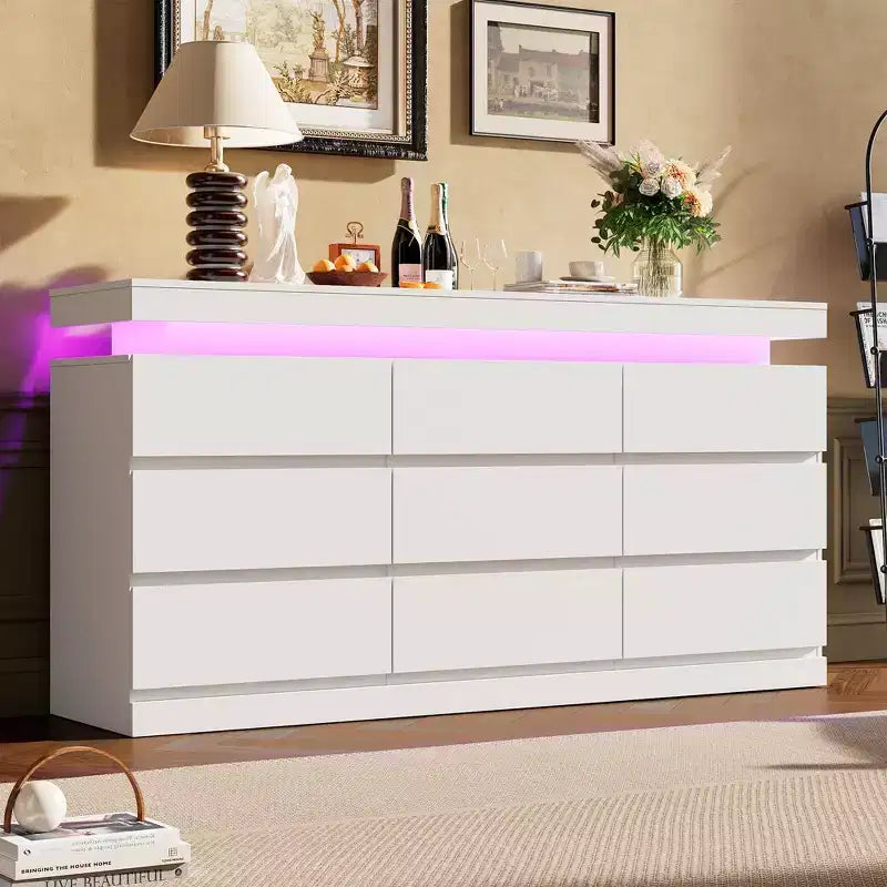 Kommode mit 9 Schubladen fürs Schlafzimmer, Schubladenschrank mit Ladestation und LED-Leuchten, doppelter Holzschrank zur Aufbewahrung, moderne Kommode und TV-Ständer