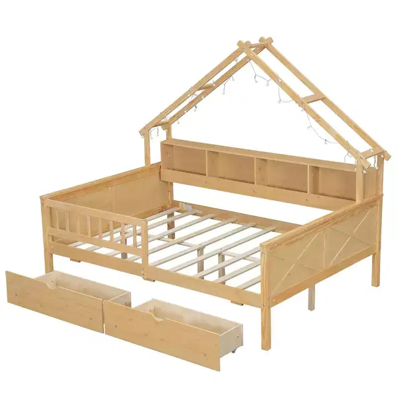 Estructura de cama tipo casita de tamaño completo con cajones, cama plataforma tipo casita con luces LED, estantes y cajones de almacenamiento, diván de madera con techo y barandilla