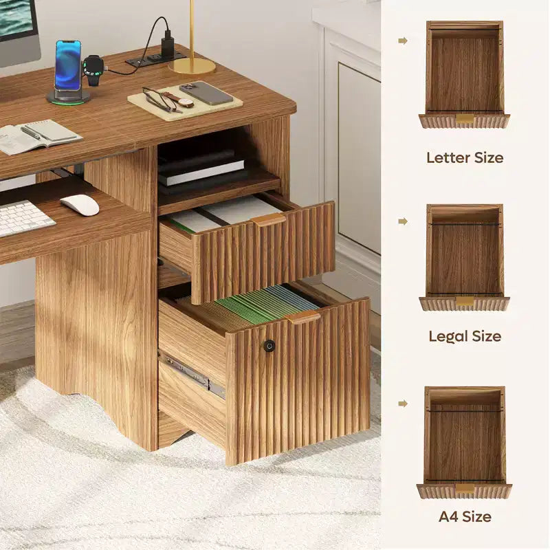 Scrivania per computer Bestier 55 Smart, scrivania da lavoro in rovere con cassetti portadocumenti e presa di corrente, scrivania direzionale da ufficio con spazio aperto e vassoio per tastiera